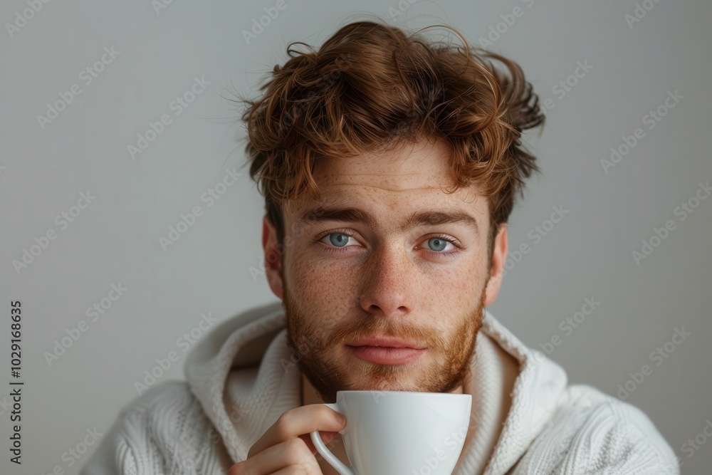 Man with coffee cup, white background, morning ritual Man with coffee cup, white background, morning ritual