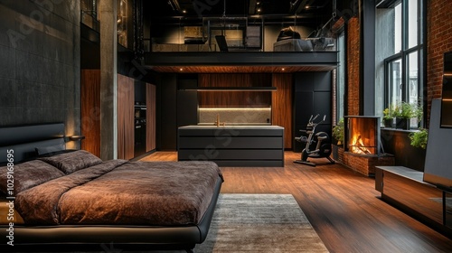 Wallpaper Mural elegant studio apartment in a loft style with a dark color scheme and a free layout. Cozy bedroom area with fireplace, sleek modern kitchen area featuring an island, and personal gym Torontodigital.ca