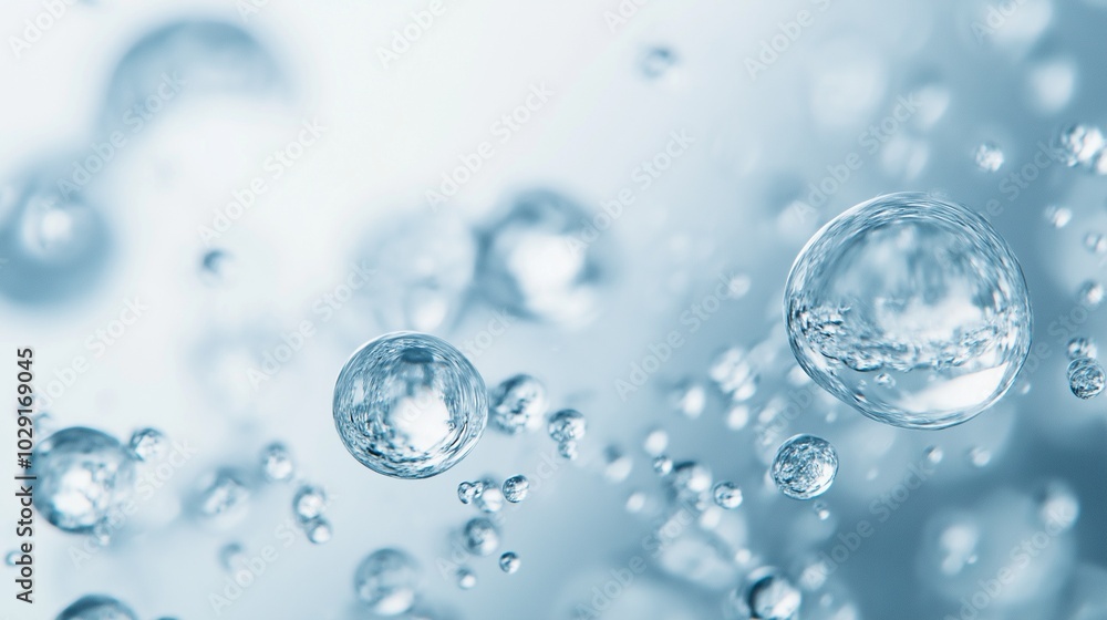 Hyaluronic acid droplets suspended in water, emphasizing hydration Hyaluronic acid droplets suspended in water, emphasizing hydration