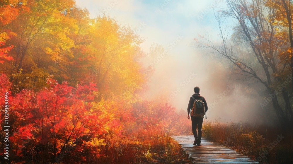 A single person is walking down a wooden path that is surrounded by a misty forest. The trees are covered with vibrant red, yellow, and orange leaves. A single person is walking down a wooden path that is surrounded by a misty forest. The trees are covered with vibrant red, yellow, and orange leaves.