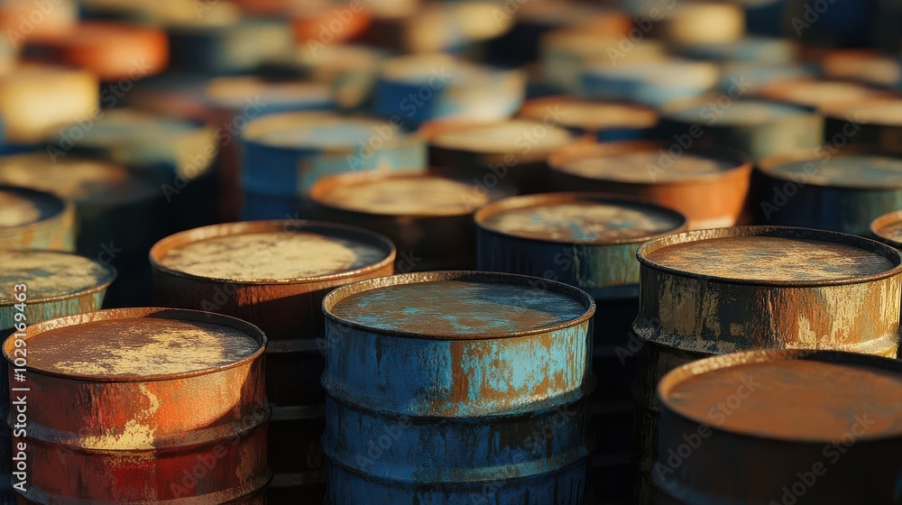 A pile of rusted oil barrels stacked high in an industrial setting A pile of rusted oil barrels stacked high in an industrial setting