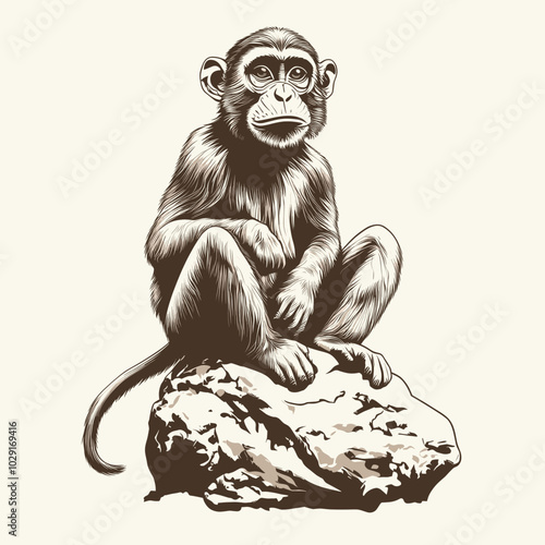 Detailed black-and-white illustration of a monkey sitting on a rock, featuring realistic fur texture and expressive face, capturing the calm demeanor of the primate
