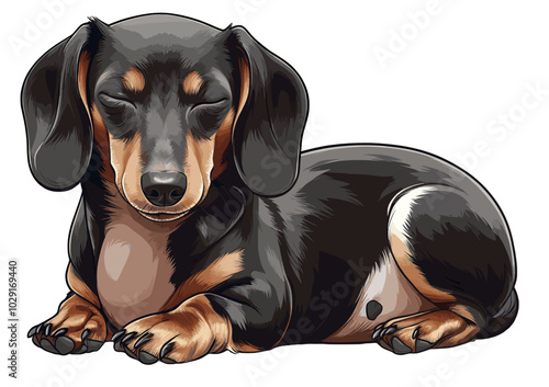 Charming black-and-tan dachshund sleeping in a calm, relaxed pose, beautifully illustrated with detailed fur texture, perfect for pet lovers and dog breed enthusiasts