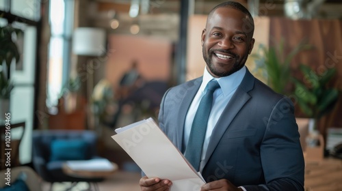 Portrait of a Smiling Black Businessman Holding Documents