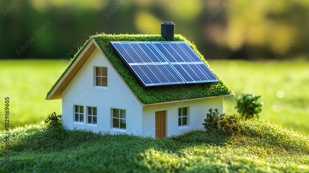 A house with a green roof and solar panels, symbolizing eco-friendly living, icons on eco-friendly themes A house with a green roof and solar panels, symbolizing eco-friendly living, icons on eco-friendly themes