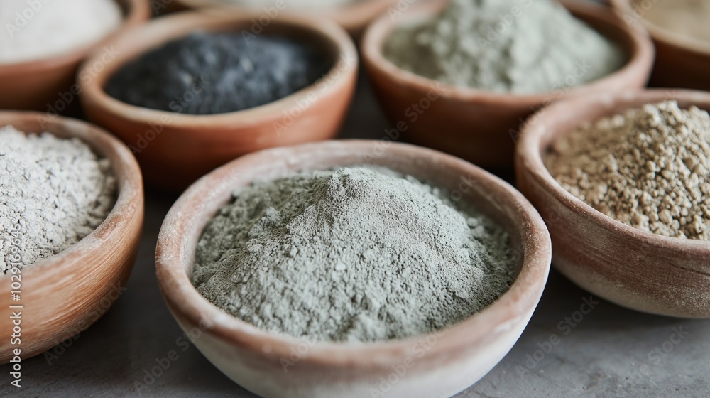 Natural clays like kaolin and bentonite in bowls Natural clays like kaolin and bentonite in bowls