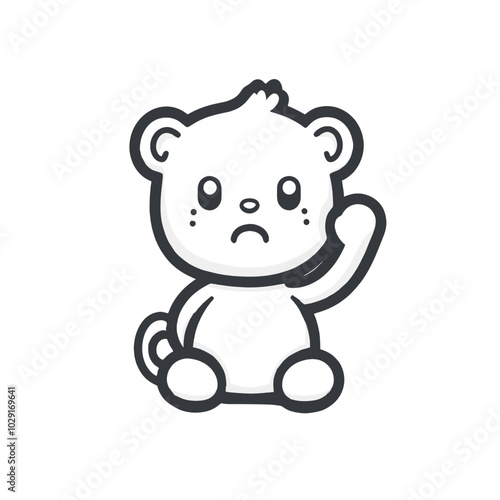 Simple black-and-white illustration of a sad cartoon bear waving, showcasing a cute, minimalist character design perfect for children’s books, comics, or stickers