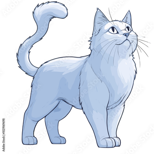 ute illustration of a standing cat with a raised tail, drawn in a simple, clean style, showcasing a confident and curious pose in a playful design