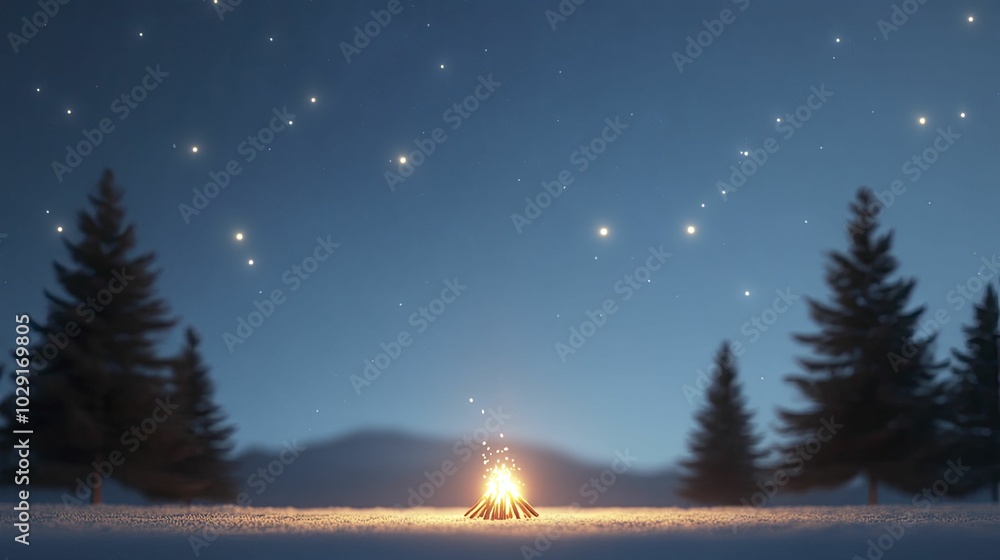 Naklejka premium A group of friends gathered around a bonfire, celebrating New Year under the stars, warm cozy lighting.