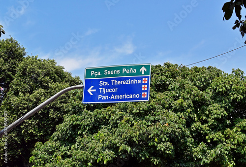 Traffic sign indicating hospitals in the Tijuca neighborhood, Rio de Janeiro, Brazil