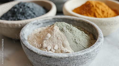 Natural clays like kaolin and bentonite in bowls