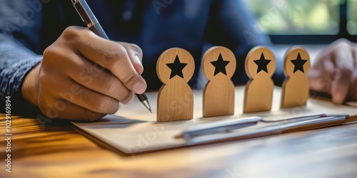Corporate HR reviewing employee performance evaluations, providing feedback and planning professional development. 