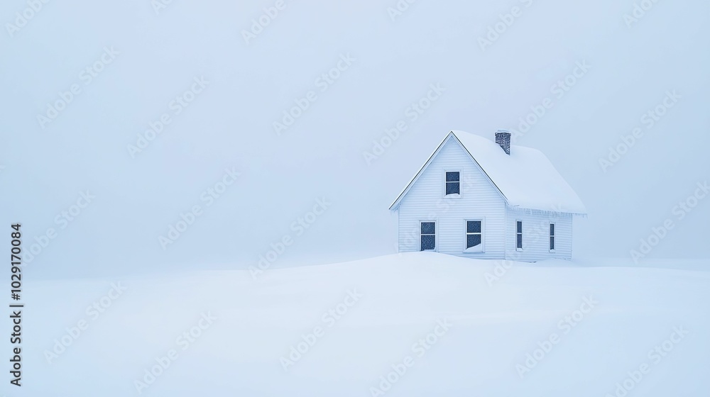 A house covered in snow following a blizzard, evoking a stark and lonely winter landscape, illuminated by gentle, diffused light. A house covered in snow following a blizzard, evoking a stark and lonely winter landscape, illuminated by gentle, diffused light.