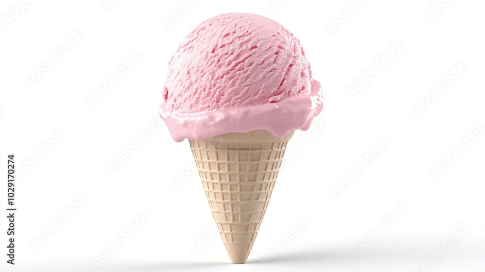 A single scoop of pink ice cream melting on a waffle cone against a white background. A single scoop of pink ice cream melting on a waffle cone against a white background.