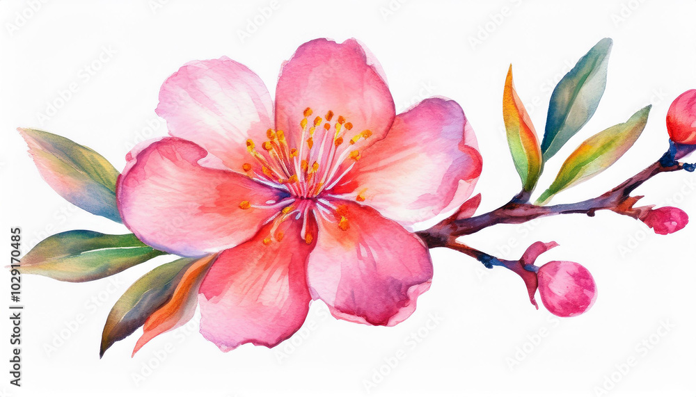 Fototapeta premium Delicate watercolor painting of a vibrant pink blossom, gracefully blooming on a slender branch, surrounded by lush green leaves against a stark white background.