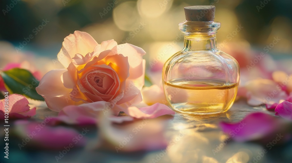 Natural rose petals and essential rose oil in a delicate glass bottle Natural rose petals and essential rose oil in a delicate glass bottle