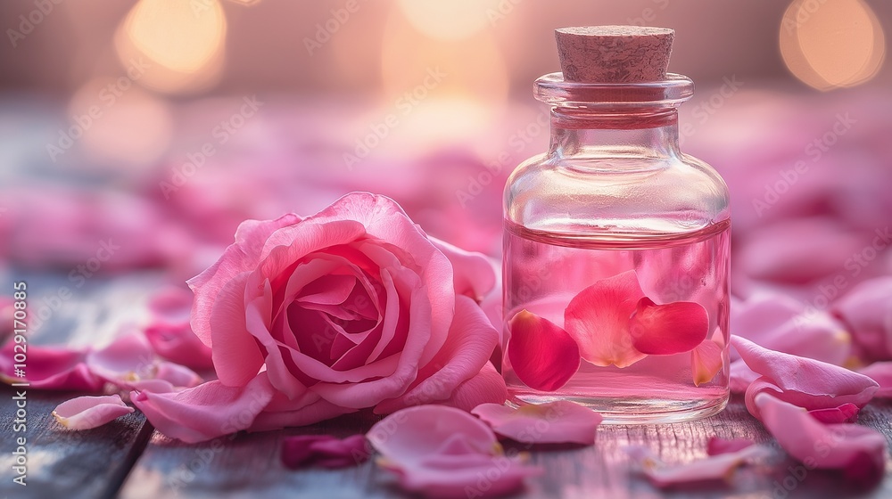 Natural rose petals and essential rose oil in a delicate glass bottle Natural rose petals and essential rose oil in a delicate glass bottle