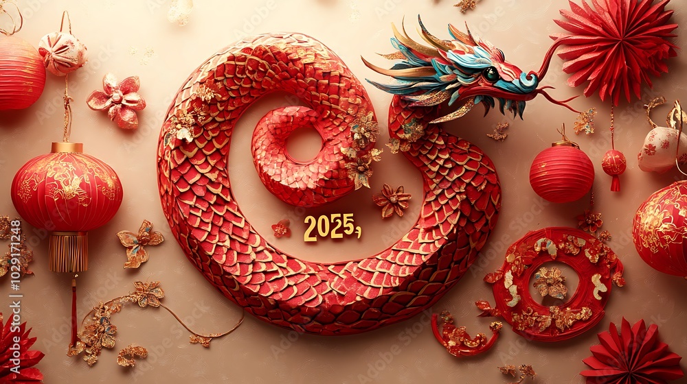 A playful paper-cut snake coiling around A playful paper-cut snake coiling around