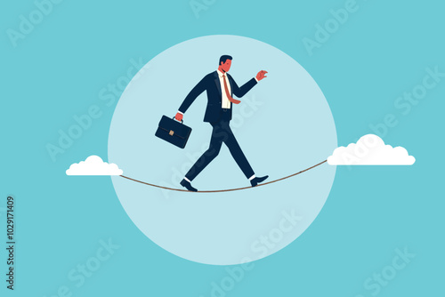 Balanced business concept, businessman walking on a tightrope above the clouds