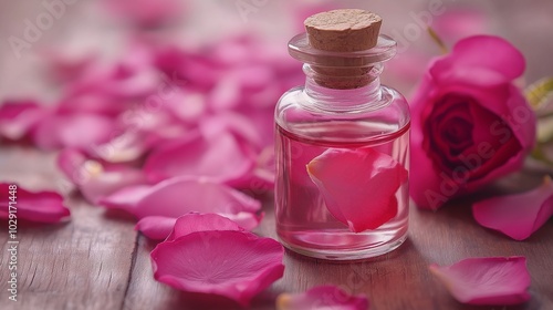 Natural rose petals and essential rose oil in a delicate glass bottle