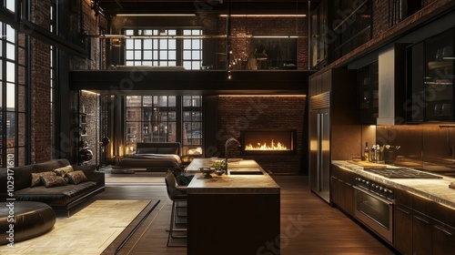 elegant studio apartment in a loft style with a dark color scheme and a free layout. Cozy bedroom area with fireplace, sleek modern kitchen area featuring an island, and personal gym