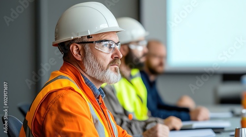 Construction workers in safety gear attending a meeting in an office setting.
