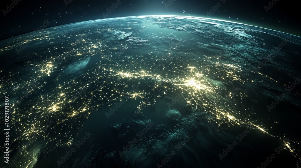 Fototapeta premium Earth at night, seen from space, shows bright lines of communication and connection. This represents the global network of business, finance, and the internet.