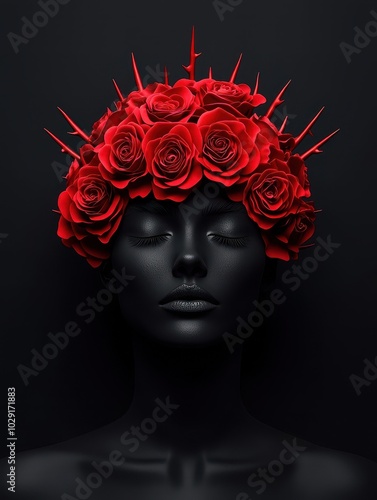 A striking image of a model with a crown of red roses and spikes, set against a deep black background.