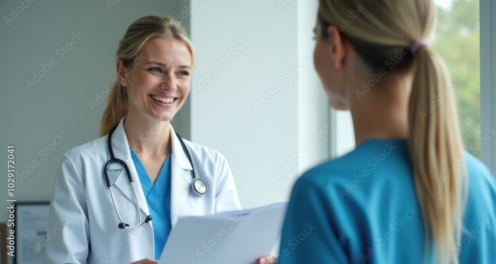 Doctor in a white coat having a professional conversation. Doctor in a white coat having a professional conversation.