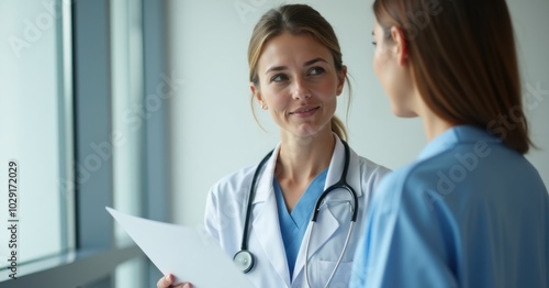 Doctor consulting with a colleague in a hospital.