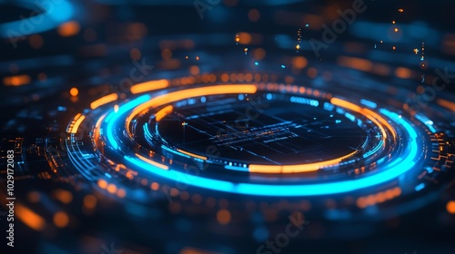 Futuristic technology concept with glowing blue and orange circular rings, floating digital particles, abstract tech innovation background, sleek cyber design