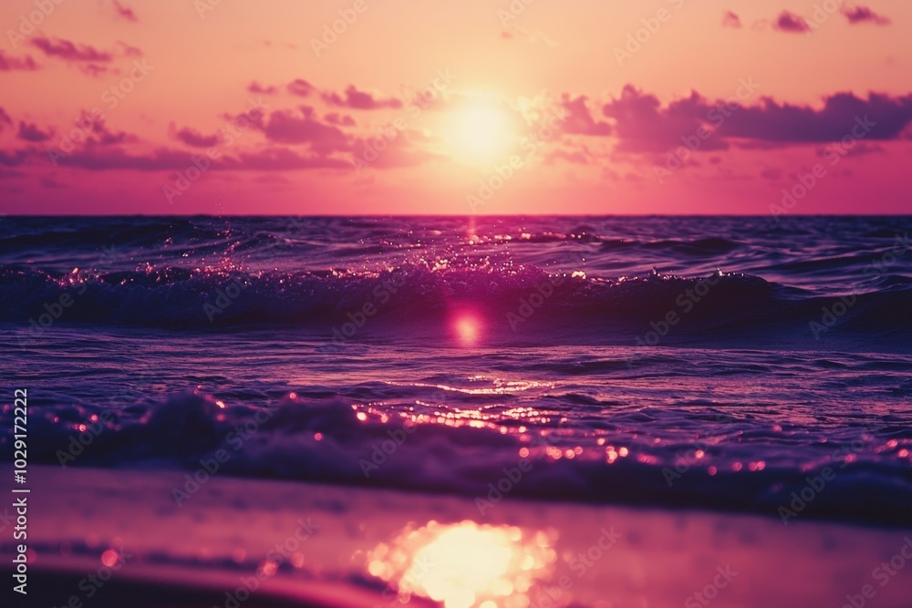 A vibrant sunset paints the ocean waves in shades of pink and purple at twilight A vibrant sunset paints the ocean waves in shades of pink and purple at twilight
