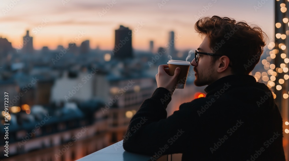 A man enjoys coffee on a balcony overlooking the city skyline during sunset in a vibrant urban setting