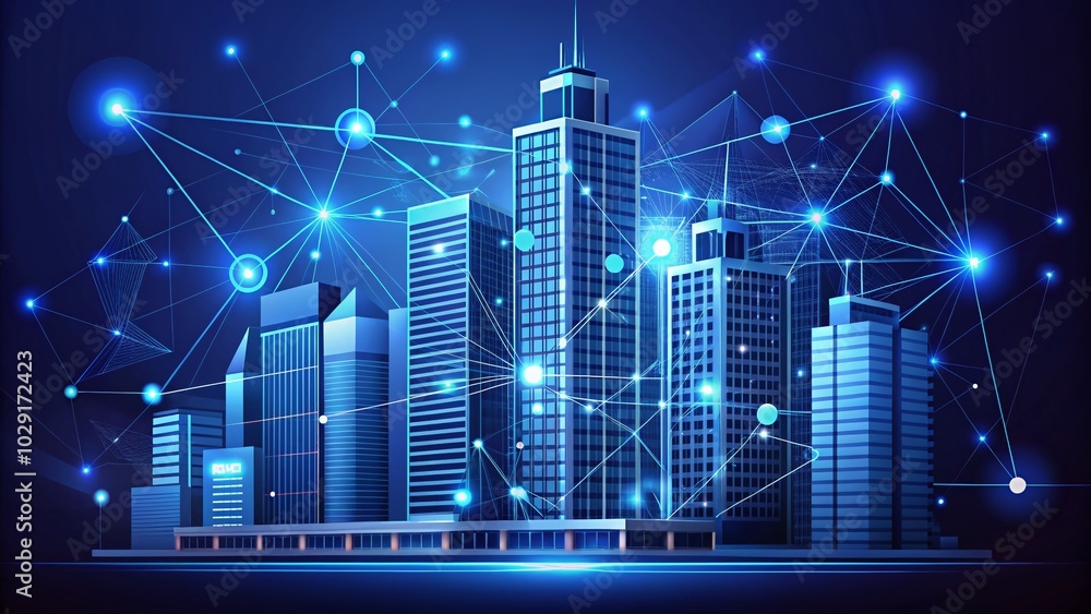 Smart City Technology and IoT Network Connection in a Minimalist Blue Vector Illustration Smart City Technology and IoT Network Connection in a Minimalist Blue Vector Illustration