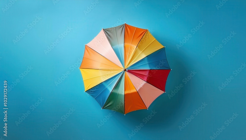 Overhead Top View of a Multicolored Umbrella on a Bright Blue Background. Ideal for Concepts of Summer, Creativity, Protection, and Playful Vibes in Marketing, Graphic Design, and Lifestyle Imagery Overhead Top View of a Multicolored Umbrella on a Bright Blue Background. Ideal for Concepts of Summer, Creativity, Protection, and Playful Vibes in Marketing, Graphic Design, and Lifestyle Imagery