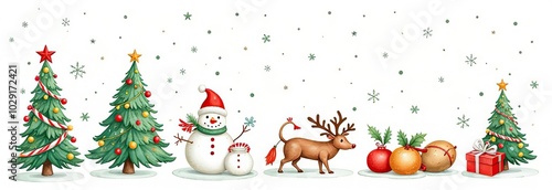 Christmas collection with cute animals: bear, fox, squirrel, bird, Santa Claus, Snowman and christmas decorative elements 