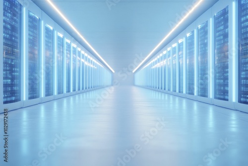 A server room with rows of glowing servers, data technology theme, cool blue lighting