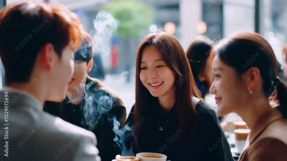 Young people in stylish clothes are chatting in a modern cafe Young people in stylish clothes are chatting in a modern cafe