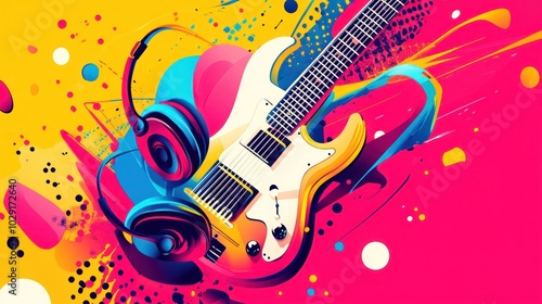 Electric Guitar and Headphones on Colorful Abstract Background