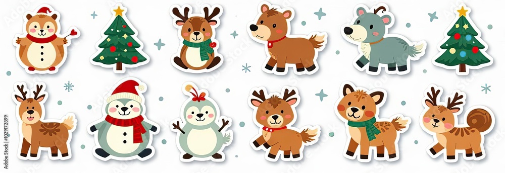 Christmas collection with cute animals: bear, fox, squirrel, bird, Santa Claus, Snowman and christmas decorative elements
Christmas collection with cute animals: bear, fox, squirrel, bird, Santa Claus, Snowman and christmas decorative elements