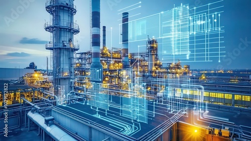Modern industrial facility with digital overlay and energy production elements.