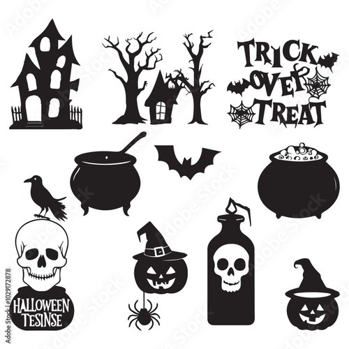 Set of Halloween silhouette graphic elements with knockout detail, isolated on a transparent background