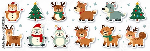 Christmas collection with cute animals: bear, fox, squirrel, bird, Santa Claus, Snowman and christmas decorative elements 