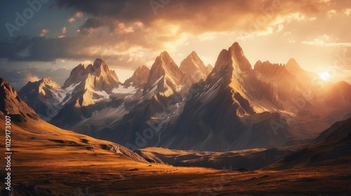 A dramatic mountain landscape at sunset,