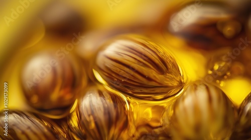 Organic jojoba seeds displayed with golden oil