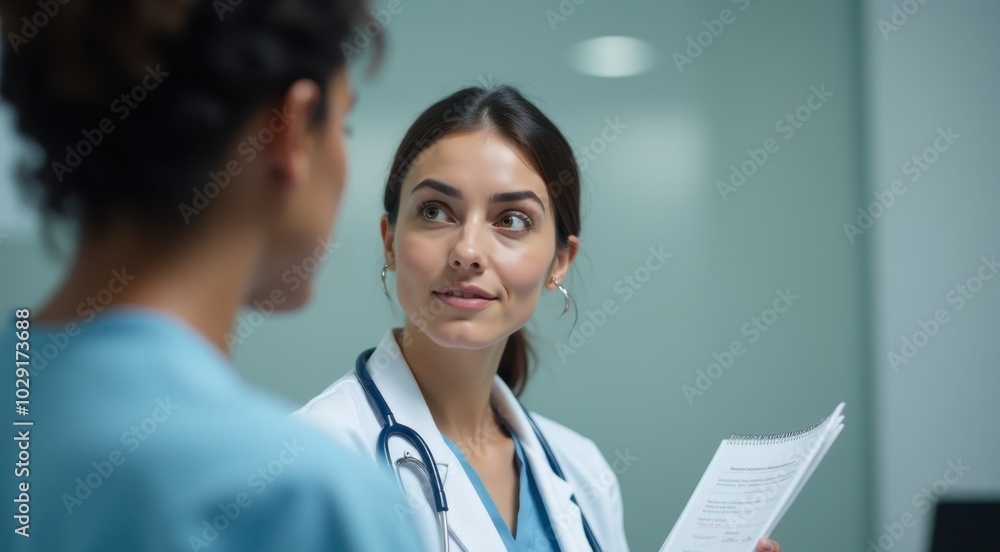 Doctor with a stethoscope and colleague discussing a patient. Doctor with a stethoscope and colleague discussing a patient.