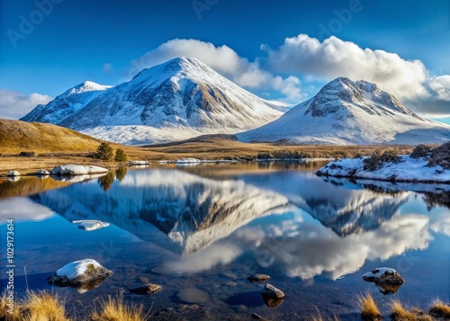 Snow-Covered Black Mount and Lochan na hAchlaise in the Scottish Highlands on a Sunny Day photo