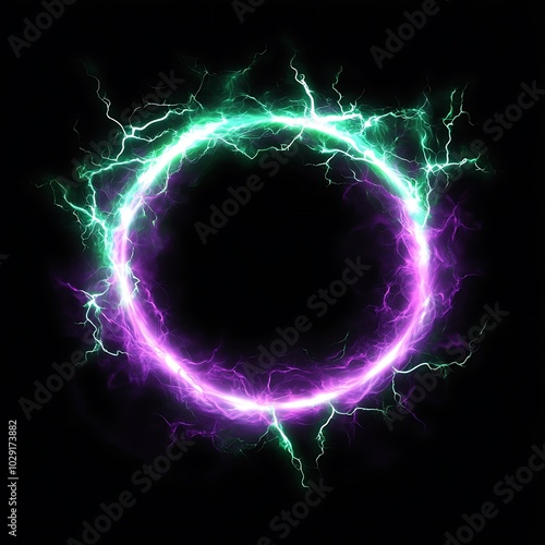 glowing electric green lightning round frame with plasma portal, isolated on transparent layer overlay or black background, Generative Ai