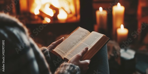 Person holding an open book while sitting by the fireplace, candles glowing in the background, creating a cozy and serene autumn atmosphere, perfect for relaxation, copy space, selective focus

