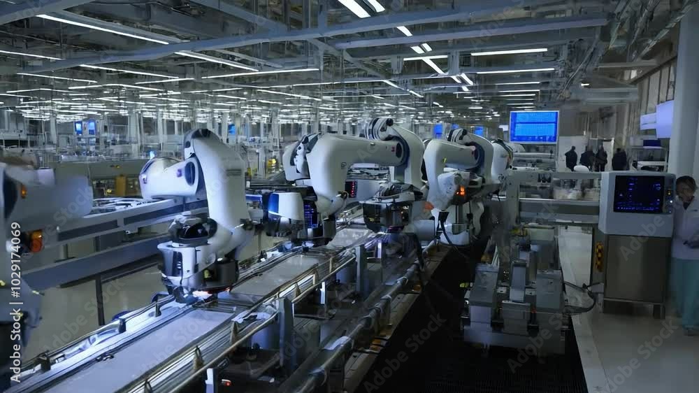 automated production line In a modern factory, robot arms operate machinery with precision. automated production line In a modern factory, robot arms operate machinery with precision.
